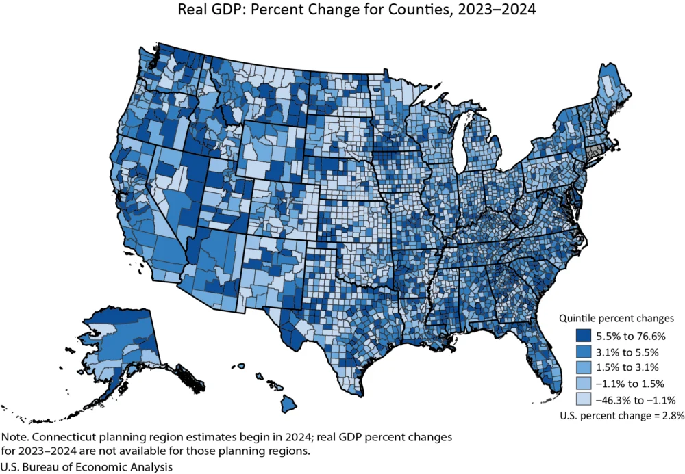 National Economic Vitality Varies Across U.S. Counties in 2024, with Significant Divergence in Real GDP and Personal Income Growth